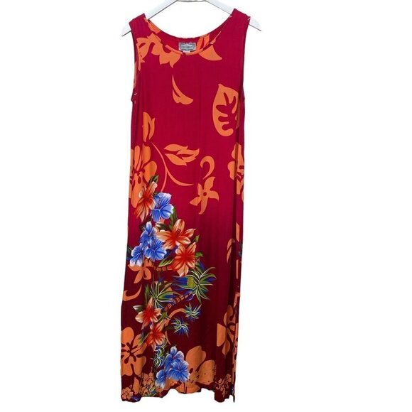Vintage Hawaiian Long Dress Size S/M by Jane Ashley Red Aloha Rayon Maxi Tank - Picture 1 of 10